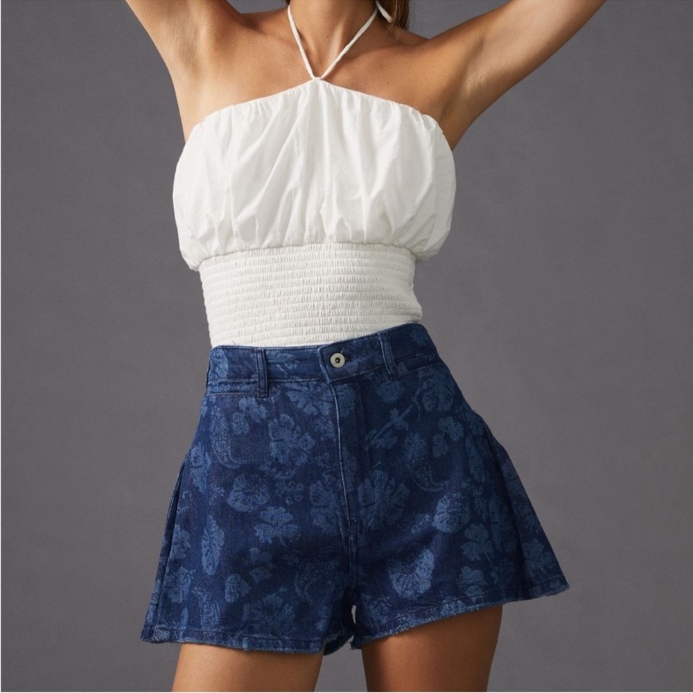 Anthropologie Blue Floral Denim Shorts